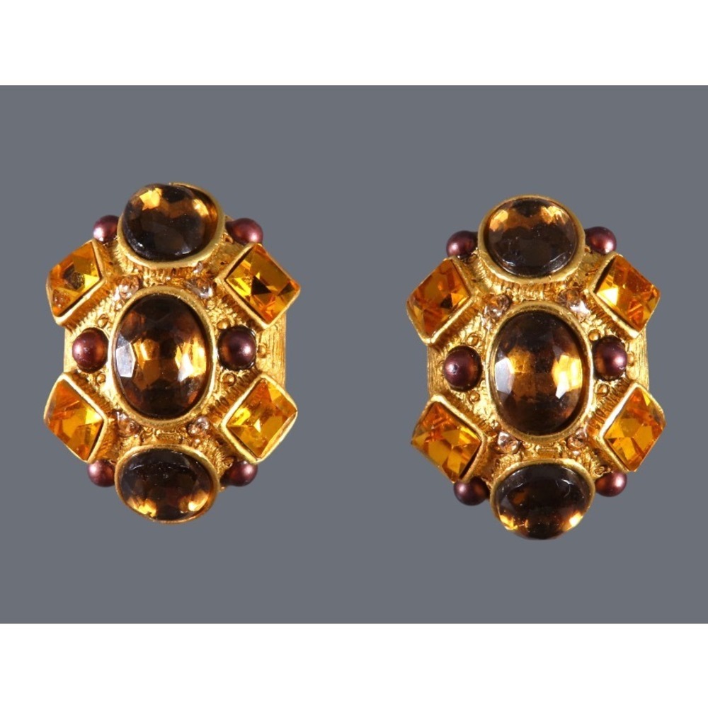 VTG Rosa Flores GOLD TONE CLIP-ON EARRINGS Brown Topaz Rhinestones Amber OVAL